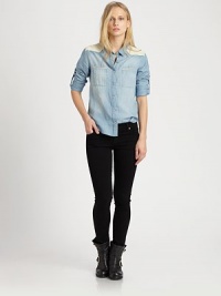 A modern take on the Western trend, this soft chambray shirt has contrasting leather panels and roll-tab sleeves. Point collarLeather-trim shouldersLong roll-tab sleevesButton frontLeather-trim patch pocketsLeather back panelBody: Cotton/linenTrim: LeatherDry clean with leather specialistImportedSIZE & FITModel shown is 5'9½ (176cm) wearing US size Small. A modern take on the Western trend, this soft chambray shirt has contrasting leather panels and roll-tab sleeves. Point collarLeather-trim shouldersLong roll-tab sleevesButton frontLeather-trim patch pocketsLeather back panelBody: Cotton/linenTrim: LeatherDry clean with leather specialistImportedSIZE & FITModel shown is 5'9½ (176cm) wearing US size Small.