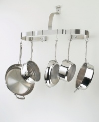 If you have limited storage space and a desire for something different, this wall-mounted pot rack is the perfect way to display and organize your cookware collection. Sleek and attractive, it adds a dramatic element to any kitchen décor. Cookware not included. Limited lifetime warranty. If you have limited storage space and a desire for something different, this wall-mounted pot rack is the perfect way to display and organize your cookware collection. Sleek and attractive, it adds a dramatic element to any kitchen décor. Cookware not included. Limited lifetime warranty.