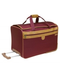 Love at first flight. A smart, sharp and stylish approach to travel, this duffel provides the space a well-planned trip demands with a roomy box-shaped main compartment that zips open at top for unbelievably easy packing. Stocked with a convertible back pocket that slips over the trolley of your favorite upright, comfort handles, a removable, adjustable shoulder strap and easy-glide wheels for unbelievable mobility. Lifetime warranty. Love at first flight. A smart, sharp and stylish approach to travel, this duffel provides the space a well-planned trip demands with a roomy box-shaped main compartment that zips open at top for unbelievably easy packing. Stocked with a convertible back pocket that slips over the trolley of your favorite upright, comfort handles, a removable, adjustable shoulder strap and easy-glide wheels for unbelievable mobility. Lifetime warranty.