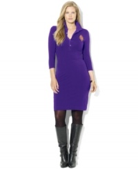 Lauren Ralph Lauren's classic plus size polo dress is given a figure-flattering update, rendered in sleek stretch jersey with three-quarter-length sleeves. Lauren Ralph Lauren's classic plus size polo dress is given a figure-flattering update, rendered in sleek stretch jersey with three-quarter-length sleeves.