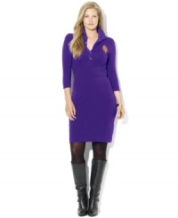 Lauren Ralph Lauren's classic plus size polo dress is given a figure-flattering update, rendered in sleek stretch jersey with three-quarter-length sleeves.