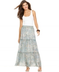 An ethereal print on sheer fabric and tiered panels lend a breezy look to this Ellen Tracy skirt. Pair it with a white tank top and sandals for bohemian chic! An ethereal print on sheer fabric and tiered panels lend a breezy look to this Ellen Tracy skirt. Pair it with a white tank top and sandals for bohemian chic!