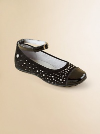 Shimmering Swarovski crystals are sprinkled like tiny stars atop velvety suede flats so your young lady can pirouette as she pleases.Removable buckle ankle strapSuede upper with patent leather strap and toeRubber solePadded leather insoleLeather liningImported Shimmering Swarovski crystals are sprinkled like tiny stars atop velvety suede flats so your young lady can pirouette as she pleases.Removable buckle ankle strapSuede upper with patent leather strap and toeRubber solePadded leather insoleLeather liningImported