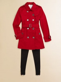 This chic double-breasted silhouette features traditional trench styling and a checked cotton lining.Club collarShoulder epauletsLong sleeves with belted cuffsButton-down gunflapDouble-breasted button frontSelf beltRain flapBack ventCheck liningCottonMachine washImported Please note: Number of buttons may vary depending on size ordered. This chic double-breasted silhouette features traditional trench styling and a checked cotton lining.Club collarShoulder epauletsLong sleeves with belted cuffsButton-down gunflapDouble-breasted button frontSelf beltRain flapBack ventCheck liningCottonMachine washImported Please note: Number of buttons may vary depending on size ordered.