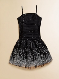 She'll dazzle and delight in this sparkly party dress with a full skirt, shirred bodice and eye-catching embellishments.Straight necklineAdjustable shoulder strapsConcealed back zipperShirred bodiceGathered waistFull skirtFully linedNylon/polyester/spandexDry cleanMade in the USA She'll dazzle and delight in this sparkly party dress with a full skirt, shirred bodice and eye-catching embellishments.Straight necklineAdjustable shoulder strapsConcealed back zipperShirred bodiceGathered waistFull skirtFully linedNylon/polyester/spandexDry cleanMade in the USA