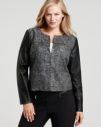 Slim tailoring and faux-leather sleeves shake up the classic DKNYC Plus jacket for an effortlessly cool look. Style with a coordinating tweed skirt for 9-to-5 polish, or roughen up the polished silhouette with distressed denim. Slim tailoring and faux-leather sleeves shake up the classic DKNYC Plus jacket for an effortlessly cool look. Style with a coordinating tweed skirt for 9-to-5 polish, or roughen up the polished silhouette with distressed denim.