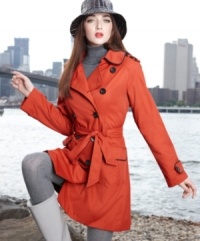 Jones New York offsets traditional trench coat detailing with chic piping for a look that protects you from the elements in style! Jones New York offsets traditional trench coat detailing with chic piping for a look that protects you from the elements in style!