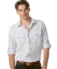 Fine stripes and military details add modern edge to this comfortable, casual button-down from American Rag. Fine stripes and military details add modern edge to this comfortable, casual button-down from American Rag.