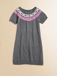 A swingy A-line sweaterdress is soft in touch and tone, highlighted by a classic intarsia patern ringing the shoulders.Short sleeve pulloverRaglan shouldersRib-knit trim60% cotton/40% acrylicMachine washImported A swingy A-line sweaterdress is soft in touch and tone, highlighted by a classic intarsia patern ringing the shoulders.Short sleeve pulloverRaglan shouldersRib-knit trim60% cotton/40% acrylicMachine washImported