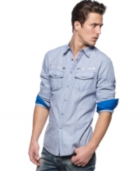 Reverse trends of boring casual style with this contrast-sleeved woven shirt from INC International Concepts. Reverse trends of boring casual style with this contrast-sleeved woven shirt from INC International Concepts.