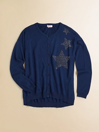 Wishing on a star is easy when she's wearing this cozy cardigan with hi-lo hem and an out-of-this-world embellishment.CrewneckLong sleevesButton-frontHi-lo hem60% rayon/40% cottonMachine washImported Please note: Number of buttons may vary depending on size ordered. 