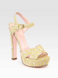 Grounded by a chunky heel and platform, this daisy-print canvas design has criss-cross straps and an adjustable ankle strap. Self-covered heel, 5½ (140mm)Covered platform, 1 (25mm)Compares to a 4½ heel (115mm) Printed canvas upperLeather lining and solePadded insoleMade in Italybr>OUR FIT MODEL RECOMMENDS ordering one size up as this style runs small. Grounded by a chunky heel and platform, this daisy-print canvas design has criss-cross straps and an adjustable ankle strap. Self-covered heel, 5½ (140mm)Covered platform, 1 (25mm)Compares to a 4½ heel (115mm) Printed canvas upperLeather lining and solePadded insoleMade in Italybr>OUR FIT MODEL RECOMMENDS ordering one size up as this style runs small.