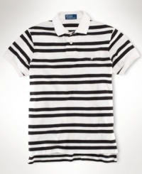 A classic-fitting short-sleeved polo shirt is crafted from breathable cotton mesh with a sleek striped pattern for casual polish. A classic-fitting short-sleeved polo shirt is crafted from breathable cotton mesh with a sleek striped pattern for casual polish.
