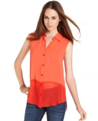 A sheer chiffon panel ups the edge on this hot-hued BCBGeneration top -- perfect for a high-watt summer look! (Clearance) A sheer chiffon panel ups the edge on this hot-hued BCBGeneration top -- perfect for a high-watt summer look! (Clearance)