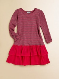 The perfect day dress with a comfy ribbed top, ruched sleeves and darling ruffle skirt.CrewneckLong sleeves with ruchingPull-on styleTwo-tiered ruffle hem50% polyester/25% pima cotton/25% modalMachine washImported The perfect day dress with a comfy ribbed top, ruched sleeves and darling ruffle skirt.CrewneckLong sleeves with ruchingPull-on styleTwo-tiered ruffle hem50% polyester/25% pima cotton/25% modalMachine washImported