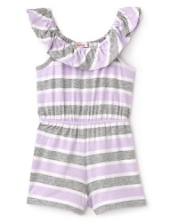 So easy to run, jump and play in, this adorable romper features jaunty stripes in a trio of colors and a pretty ruffled scoop neck.