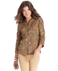 Jones New York Signature's chic shirt stays crisp, thanks to 100% cotton. It offers a traditional touch with a paisley print in autumnal hues, too! (Clearance) Jones New York Signature's chic shirt stays crisp, thanks to 100% cotton. It offers a traditional touch with a paisley print in autumnal hues, too! (Clearance)
