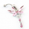 316L Surgical Steel 14 Guage 1.6mm Elegant Pink Crystal Butterfly with Tail Dangle Navel Belly Button Bar Ring