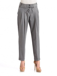 THE LOOKWide waistband with tonal ribbed inserts Drawstring tie below the buttons Dual button closure with front zipper Pleated front Slash side pockets with ribbed trim Tapered legs Back button welt pocketsTHE FITRise, about 9 Inseam, about 28THE MATERIAL90% polyester/10% polyurethaneCARE & ORIGINMachine wash Imported THE LOOKWide waistband with tonal ribbed inserts Drawstring tie below the buttons Dual button closure with front zipper Pleated front Slash side pockets with ribbed trim Tapered legs Back button welt pocketsTHE FITRise, about 9 Inseam, about 28THE MATERIAL90% polyester/10% polyurethaneCARE & ORIGINMachine wash Imported