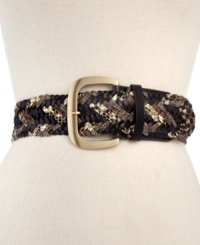 Wildly versatile, this Steve Madden belt is dressed to impress in a chic snakeskin print that's intricately woven and accented with a golden, C-ring buckle.