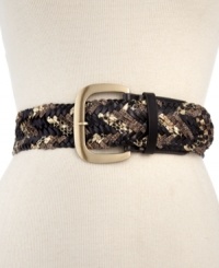 Wildly versatile, this Steve Madden belt is dressed to impress in a chic snakeskin print that's intricately woven and accented with a golden, C-ring buckle. Wildly versatile, this Steve Madden belt is dressed to impress in a chic snakeskin print that's intricately woven and accented with a golden, C-ring buckle.