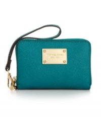 Protect your phone in oh-so chic style with this sleek wristlet from MICHAEL Michael Kors. Shiny 18K gold hardware and a convenient wristlet strap perfectly complete the look. Protect your phone in oh-so chic style with this sleek wristlet from MICHAEL Michael Kors. Shiny 18K gold hardware and a convenient wristlet strap perfectly complete the look.