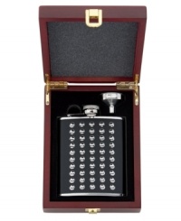 A prize for those who appreciate fine liquors, this stylish flask features a studded exterior and easy-pour funnel in polished stainless steel by Gorham. Its beautiful wooden box makes the set a fantastic gift. A prize for those who appreciate fine liquors, this stylish flask features a studded exterior and easy-pour funnel in polished stainless steel by Gorham. Its beautiful wooden box makes the set a fantastic gift.
