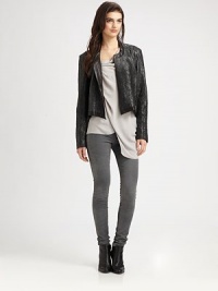 Lustrous pebbled leather in a cropped silhouette with an asymmetrical zipper and a modern contour hem. RoundneckFront snap closuresAsymmetrical front zipperLong sleeves with zippered cuffsCropped contour hemAbout 21 from shoulder to hemLeatherDry clean with leather specialistImported of Italian fabricModel shown is 5'10 (177cm) wearing US size Small. Lustrous pebbled leather in a cropped silhouette with an asymmetrical zipper and a modern contour hem. RoundneckFront snap closuresAsymmetrical front zipperLong sleeves with zippered cuffsCropped contour hemAbout 21 from shoulder to hemLeatherDry clean with leather specialistImported of Italian fabricModel shown is 5'10 (177cm) wearing US size Small.