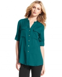 Calvin Klein's breezy blouse is quintessential office cool. Tuck into a pencil skirt or drape the hem over slim-fitting pants. Calvin Klein's breezy blouse is quintessential office cool. Tuck into a pencil skirt or drape the hem over slim-fitting pants.
