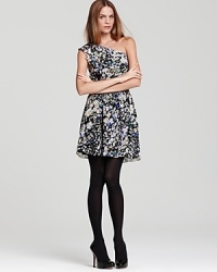 A ruffled BCBGeneration one-shoulder dress boasts a black and white floral print for the season's ladylike theme. Add matching booties and textured tights and you're ready for your close-up. A ruffled BCBGeneration one-shoulder dress boasts a black and white floral print for the season's ladylike theme. Add matching booties and textured tights and you're ready for your close-up.