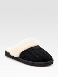 Warm and comfy wool design with shearling lining. Wool knit upper Shearling lining Padded insole Rubber sole ImportedOUR FIT MODEL RECOMMENDS ordering true whole size; ½ sizes should order the next whole size up. Warm and comfy wool design with shearling lining. Wool knit upper Shearling lining Padded insole Rubber sole ImportedOUR FIT MODEL RECOMMENDS ordering true whole size; ½ sizes should order the next whole size up.