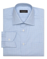Mini checks adorn this handsome dress shirt from Canali, expertly tailored to a contemporary fit in 100% cotton. Mini checks adorn this handsome dress shirt from Canali, expertly tailored to a contemporary fit in 100% cotton.