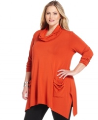Enjoy the stylish comfort of Grace Elements' long sleeve plus size top, punctuated by a handkerchief hem. Enjoy the stylish comfort of Grace Elements' long sleeve plus size top, punctuated by a handkerchief hem.