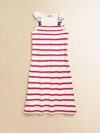 Vibrant, contrasting stripes and snazzy overall buckles take this plush cotton frock from ordinary to extraordinary.ScoopneckSleeveless with overall buckle detailPullover styleCottonMachine washImported Vibrant, contrasting stripes and snazzy overall buckles take this plush cotton frock from ordinary to extraordinary.ScoopneckSleeveless with overall buckle detailPullover styleCottonMachine washImported