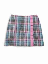 THE LOOKBack zip closure with elastic sides Mock wrap style Plaid design Pleated ribbon trim A-line silhouette Fully linedTHE MATERIAL60% wool/40% viscoseCARE & ORIGINDry clean Imported THE LOOKBack zip closure with elastic sides Mock wrap style Plaid design Pleated ribbon trim A-line silhouette Fully linedTHE MATERIAL60% wool/40% viscoseCARE & ORIGINDry clean Imported
