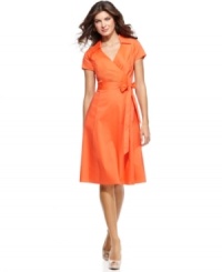 A faux wrap silhouette comes to life in a chic citrus color, from Jones New York. Pair it with nude pumps for a leg-lengthening look! A faux wrap silhouette comes to life in a chic citrus color, from Jones New York. Pair it with nude pumps for a leg-lengthening look!