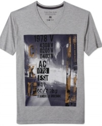 Take your t-shirt collection to the next level. This V-neck tee from Calvin Klein has a vivid graphic to rev up your casual look. Take your t-shirt collection to the next level. This V-neck tee from Calvin Klein has a vivid graphic to rev up your casual look.