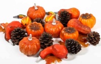 Assorted Decorative Fall Artificial Pumpkins and Gourds with Natural Pine Cones for Table Scatters (Bag of Approx 18 Pieces) Assorted Decorative Fall Artificial Pumpkins and Gourds with Natural Pine Cones for Table Scatters (Bag of Approx 18 Pieces)