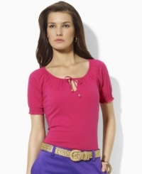 Designed in tissue cotton jersey for lightweight comfort, Lauren by Ralph Lauren's short-sleeved top features smocked cuffs and beaded drawstring ties for boho-chic style. Designed in tissue cotton jersey for lightweight comfort, Lauren by Ralph Lauren's short-sleeved top features smocked cuffs and beaded drawstring ties for boho-chic style.