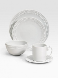 An elegantly detailed place setting is made entirely by hand in fine Limoges porcelain with a raised pearl border. Set includes dinner plate, dessert plate, cereal bowl, saucer and mug. From the Perlee White Collection Porcelain Dinner plate, 10½ diam. Dessert plate, 8¾ diam. Cereal bowl, 3H X 5½ diam. Saucer, 6½ diam. Mug, 3½H X 4¾ diam. Dishwasher safe Imported An elegantly detailed place setting is made entirely by hand in fine Limoges porcelain with a raised pearl border. Set includes dinner plate, dessert plate, cereal bowl, saucer and mug. From the Perlee White Collection Porcelain Dinner plate, 10½ diam. Dessert plate, 8¾ diam. Cereal bowl, 3H X 5½ diam. Saucer, 6½ diam. Mug, 3½H X 4¾ diam. Dishwasher safe Imported