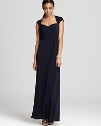 Sleek, fluid jersey lends an effortless look to a classic cap sleeve Amsale dress, crafted with a flattering sweetheart neckline. Sleek, fluid jersey lends an effortless look to a classic cap sleeve Amsale dress, crafted with a flattering sweetheart neckline.