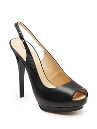 THE LOOKPeep-toeSlingback design with buckle closurePlatform silhouetteTHE FITHeel 5 (125mm)Platform, 1 (25mm)Compares to a 4 heel (100mm)THE MATERIALLeatherLeather lining and soleORIGINMade in Italy THE LOOKPeep-toeSlingback design with buckle closurePlatform silhouetteTHE FITHeel 5 (125mm)Platform, 1 (25mm)Compares to a 4 heel (100mm)THE MATERIALLeatherLeather lining and soleORIGINMade in Italy