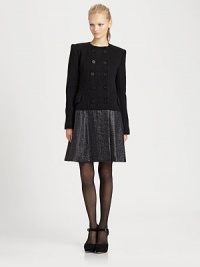 Rich wool crepe in a double-breasted military style with a textured metallic finish from waist to hem.RoundneckDefined shouldersButton frontPrincess seamsFlap pocketsAbout 36 from shoulder to hem80% wool/20% nylonDry cleanMade in USA of Italian fabricModel shown is 5'9 (175cm) wearing US size 4. Rich wool crepe in a double-breasted military style with a textured metallic finish from waist to hem.RoundneckDefined shouldersButton frontPrincess seamsFlap pocketsAbout 36 from shoulder to hem80% wool/20% nylonDry cleanMade in USA of Italian fabricModel shown is 5'9 (175cm) wearing US size 4.