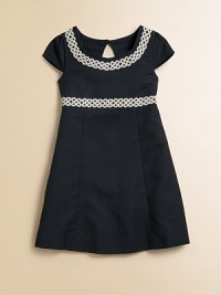 Dainty lace trim, cap sleeves and princess seaming make this woven frock a little girl's wardrobe must-have.ScoopneckCap sleevesBack keyhole button and zipperWaistband with lace trimPrincess seamsFlared skirtFully linedCottonMachine washImported Dainty lace trim, cap sleeves and princess seaming make this woven frock a little girl's wardrobe must-have.ScoopneckCap sleevesBack keyhole button and zipperWaistband with lace trimPrincess seamsFlared skirtFully linedCottonMachine washImported