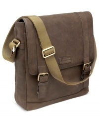 Rugged good looks. Rich distressed leather adds a sporty complement to the classic shape and timeless touches, like double buckle closures, of this brief. A roomy main compartment features a padded area with leather tab closure to protect your iPad or table, plus multiple interior and exterior pockets for quick access and neat storage. Rugged good looks. Rich distressed leather adds a sporty complement to the classic shape and timeless touches, like double buckle closures, of this brief. A roomy main compartment features a padded area with leather tab closure to protect your iPad or table, plus multiple interior and exterior pockets for quick access and neat storage.