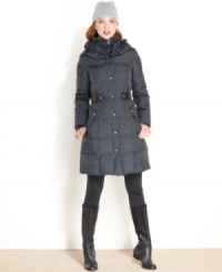 Get ready for winter's chill with DKNY's stylish hooded puffer. Faux-leather trim and a cinched waist are chic details that elevate this cold-weather staple piece. Get ready for winter's chill with DKNY's stylish hooded puffer. Faux-leather trim and a cinched waist are chic details that elevate this cold-weather staple piece.