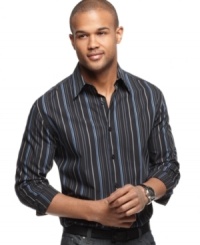 Take the straight path to style when you step out in this sleek striped shirt from Alfani. Take the straight path to style when you step out in this sleek striped shirt from Alfani.