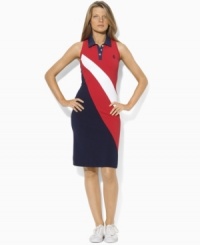 Lauren by Ralph Lauren's chic sleeveless polo dress is rendered in a bold color-blocked design, creating a casual statement piece for your wardrobe. Lauren by Ralph Lauren's chic sleeveless polo dress is rendered in a bold color-blocked design, creating a casual statement piece for your wardrobe.