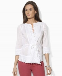 A breezy cotton voile shirt is finished with delicate eyelet trim for a bohemian-inspired look, from Lauren Jeans Co. A breezy cotton voile shirt is finished with delicate eyelet trim for a bohemian-inspired look, from Lauren Jeans Co.