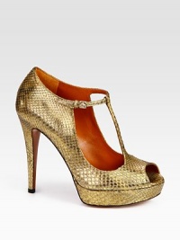 Metallic python t-strap design with a peep toe and an adjustable ankle strap. Self-covered heel, 5 (125mm)Covered platform, 1 (25mm)Compares to a 4 heel (100mm)Python upperLeather lining and solePadded insoleMade in Italy Metallic python t-strap design with a peep toe and an adjustable ankle strap. Self-covered heel, 5 (125mm)Covered platform, 1 (25mm)Compares to a 4 heel (100mm)Python upperLeather lining and solePadded insoleMade in Italy